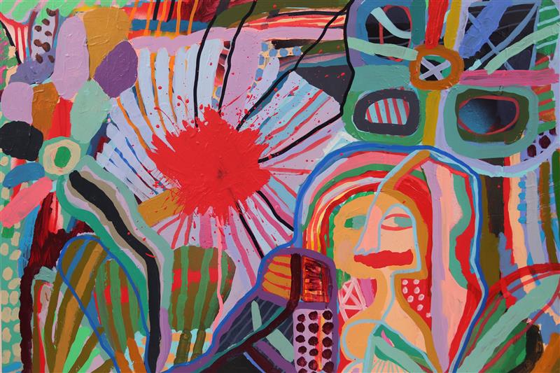 Peinture abstraite colorée aux formes et motifs vifs