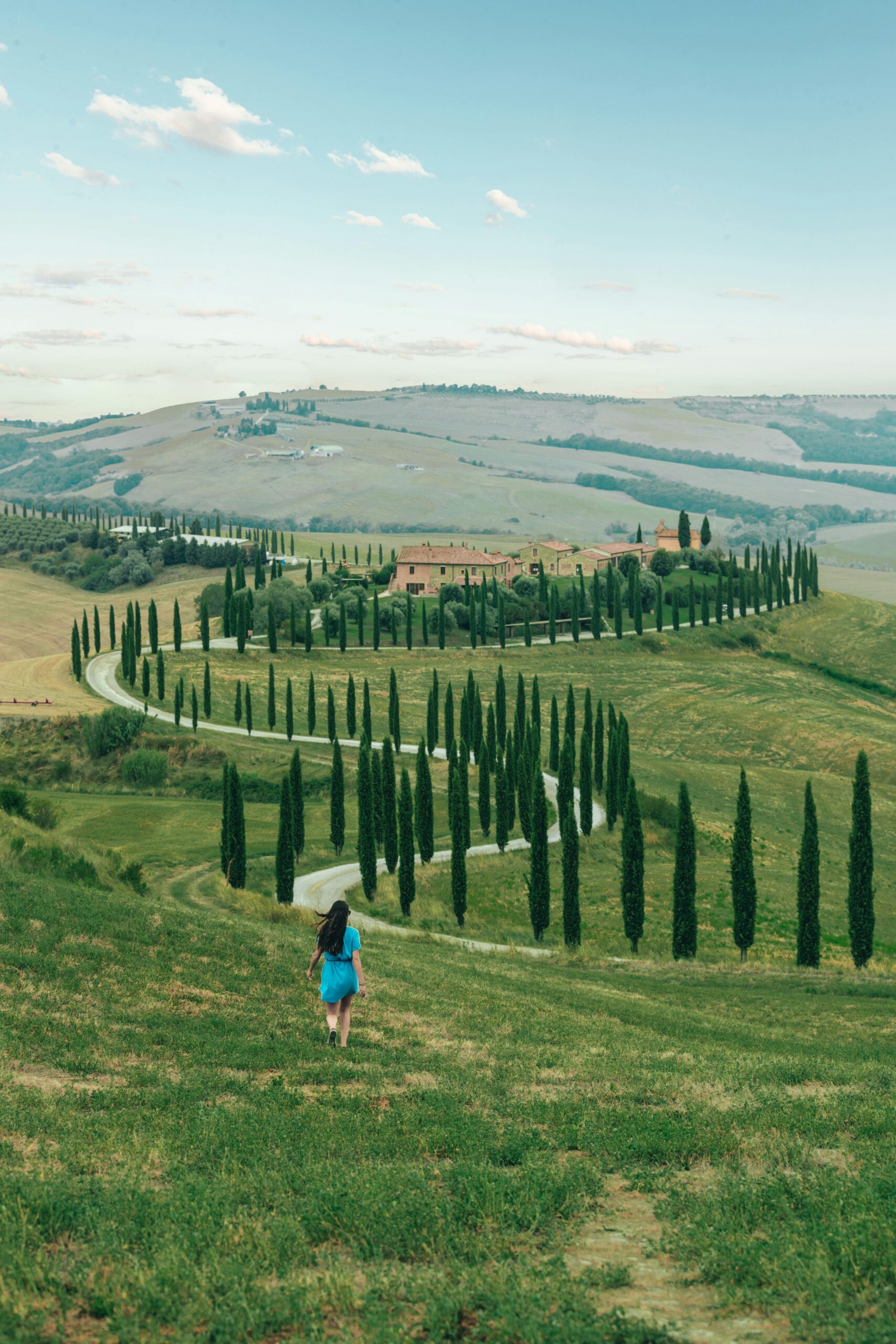 Route sinueuse bordée de cyprès dans la campagne toscane
