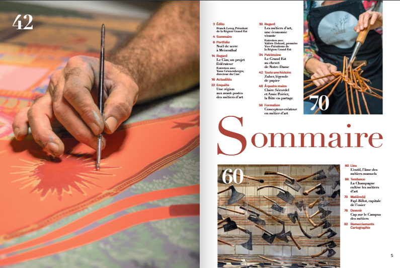 Pages de sommaire illustrant des métiers d’art.