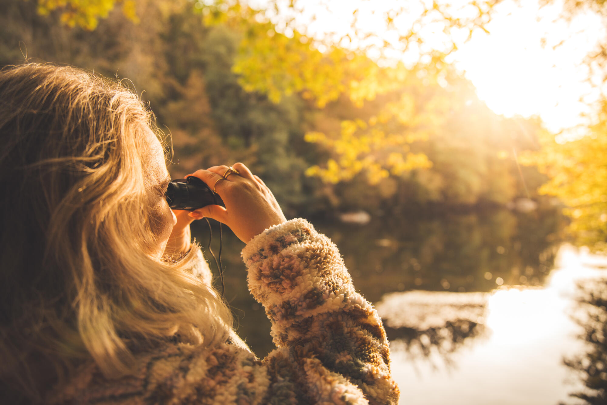 Personne observant la nature au bord d’un lac